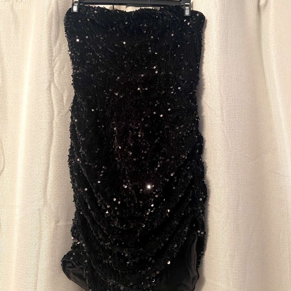Strapless sequin mini dress.